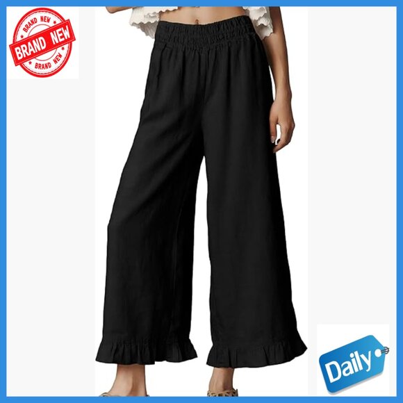 Pants - High Waist Wide Leg Pants Ruffle Hem Casual Cropped Trousers Lightweight Lounge